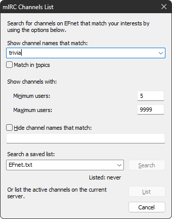 mIRC Channels List Window